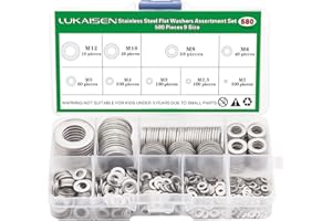 LUKAISEN 304 Stainless Steel Flat Washers Set 580 Pieces, 9 Sizes - M2 M2.5 M3 M4 M5 M6 M8 M10 M12 Suitable for Home Decoration, Factories Repair, Kitchens, Shops and Outdoor Construction