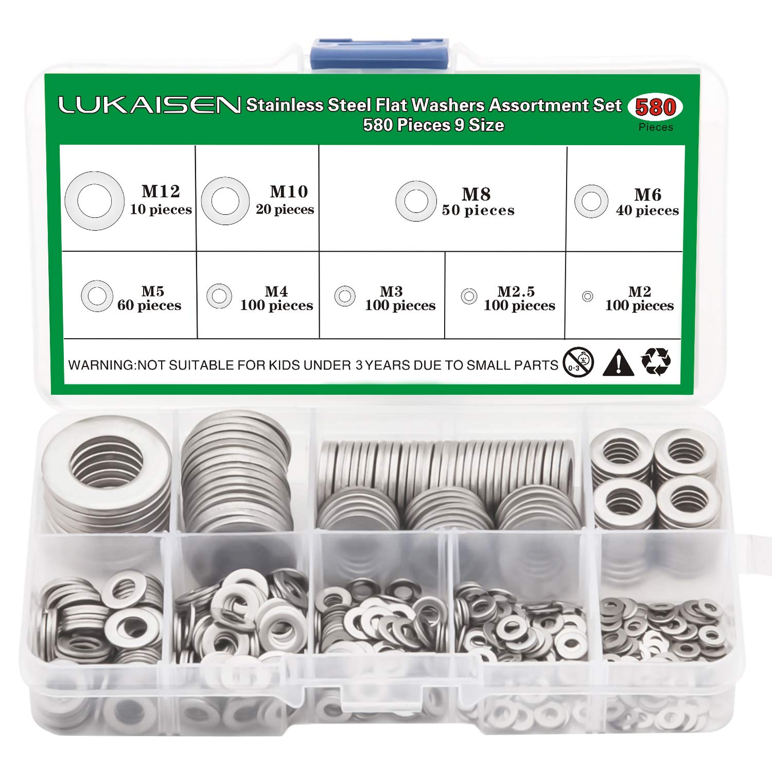 Lukaisen 580PCS 304 Stainless Steel Flat Washers Assortment Kit, M2 M2.5 M3 M4 M5 M6 M8 M10 M12 Metric Plain Washers Set, Corrosion Resistant Metal Gaskets for RC Cars, DIY Crafts, & Furniture Repair