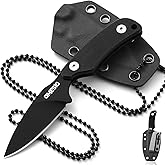 Omesio Neck Knife, 5.82" Neck Knife with Sheath and Necklace, D2 Steel 2.99-Inch Blade, Full Tang Knife with Clip G10 Handle, Fixed Blade Knife for EDC, Hiking, Camping (Black Blade + Black Handle)