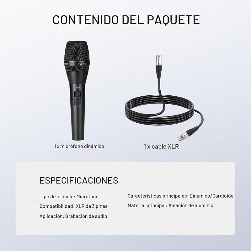 Microfone Cardioide Dinâmico DM01 com cabo XLR para Podcast Cantado, Jogos de PC, Jogos, Estúdio, Voz, Atuações ao Vivo, 600Ω +/- 30% de Impedância, Gama de Frequências de 100 Hz a 10 KHz