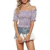 LYANER Women's Off Shoulder Shirred Short Sleeve Crop Blouse Tee Top