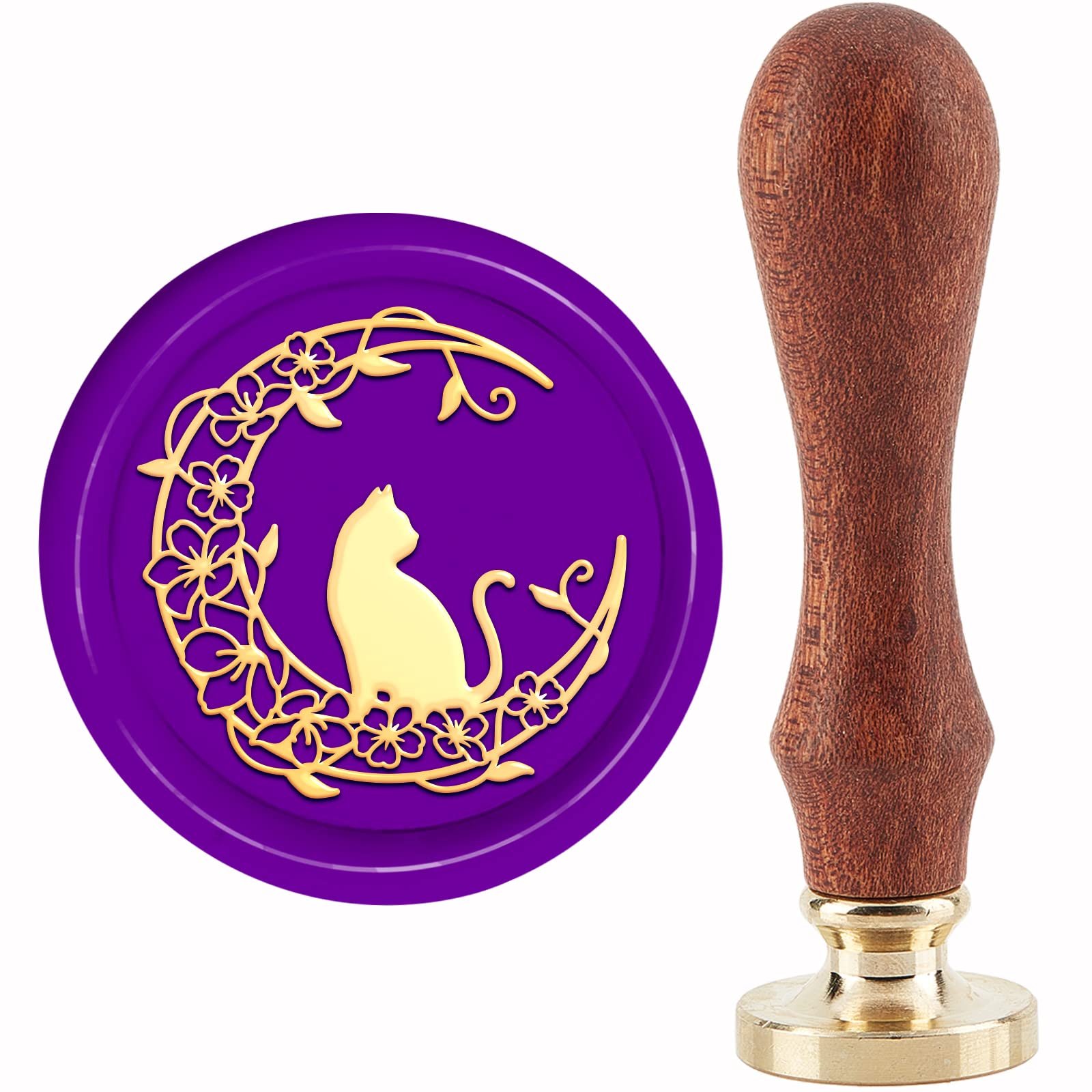 CRASPIRE Moon Wax Seal Stamp Flower Sealing Wax Stamps Cat 30mm Retro Vintage Removable Brass Stamp Head with Wood Handle for Wedding Invitations Halloween Christmas Thanksgiving Gift Packing