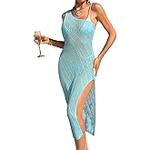 BreathSunny Womens Crochet Striped Knit Swimsuit Coverup Midi Dress Summer 2025 One Shoulder Slit Beach Bathing Suit Cover Up
