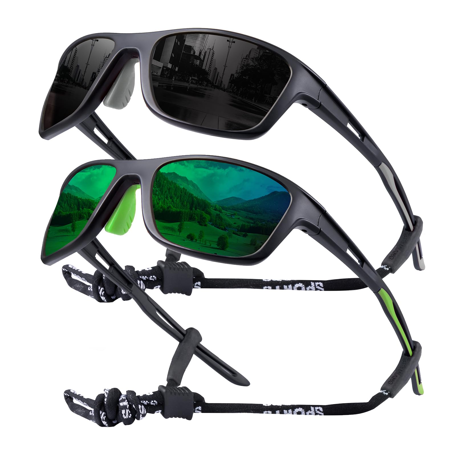 OKH 2 Pack Polarised Cycling Sunglasses Wrap Around Men Women Retro Sun Glasses UV Protection Outdoors Sports Biking Running Fishing Hiking Driving Eyewear with Rope Strap