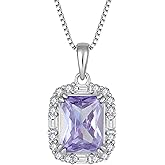 PYNZY Princess Cut Necklaces for Women, 925 Sterling Silver Emerald Cut Birthstone Pendant Necklace Halo Square Rectangle Jewelry Gifts for Her