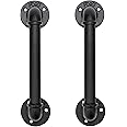 FOYO Set of 2 Industrial Pipe Door Pull Handle, Grab Bar, Towel Bar, Antique Rustic Cast Iron Handrail - Matte Black, 12 Inch