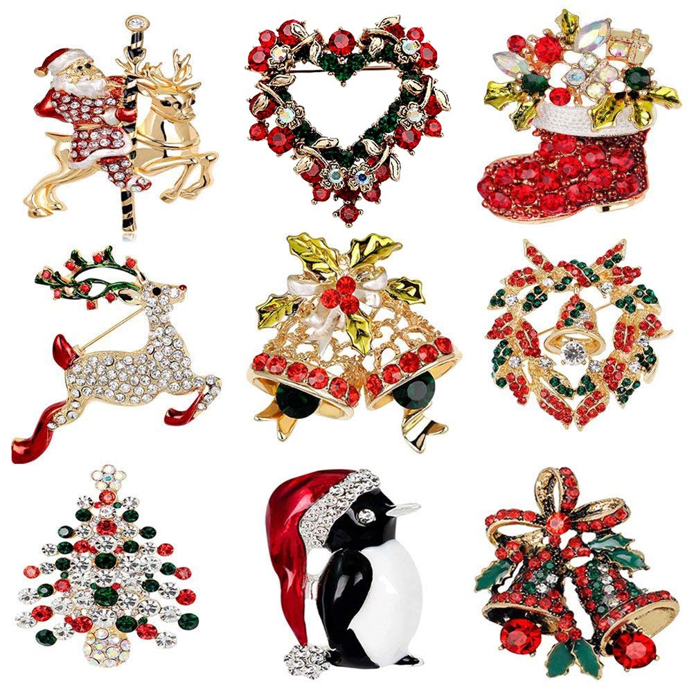 Christmas Brooch Pins JETTINGBUY 9Pack Rhinestone Crystal Christmas