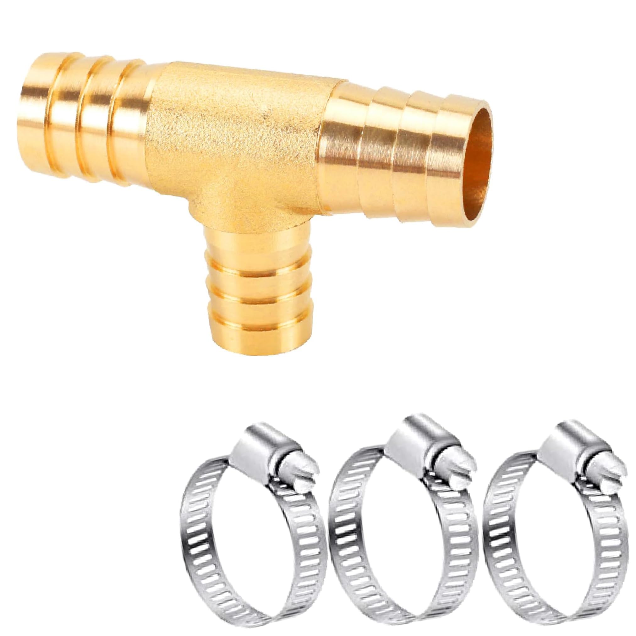 Photo 1 of AOPANDA 1" Brass Barb Tee Fittings T-Shaped 3 Ways Union 1" ID Hose Pipe Fitting for Water/Fuel/Air (Pack of 1) with 3pcs Stainless Steel Pipe Clamp.
