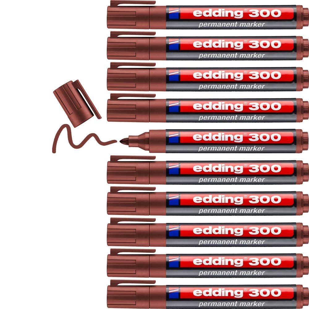 edding 300 permanent marker - brown - 10 pens - round tip 1.5-3 mm - waterproof, quick-drying, smear-proof pens - for cardboard, plastic, glass, wood, metal and fabric