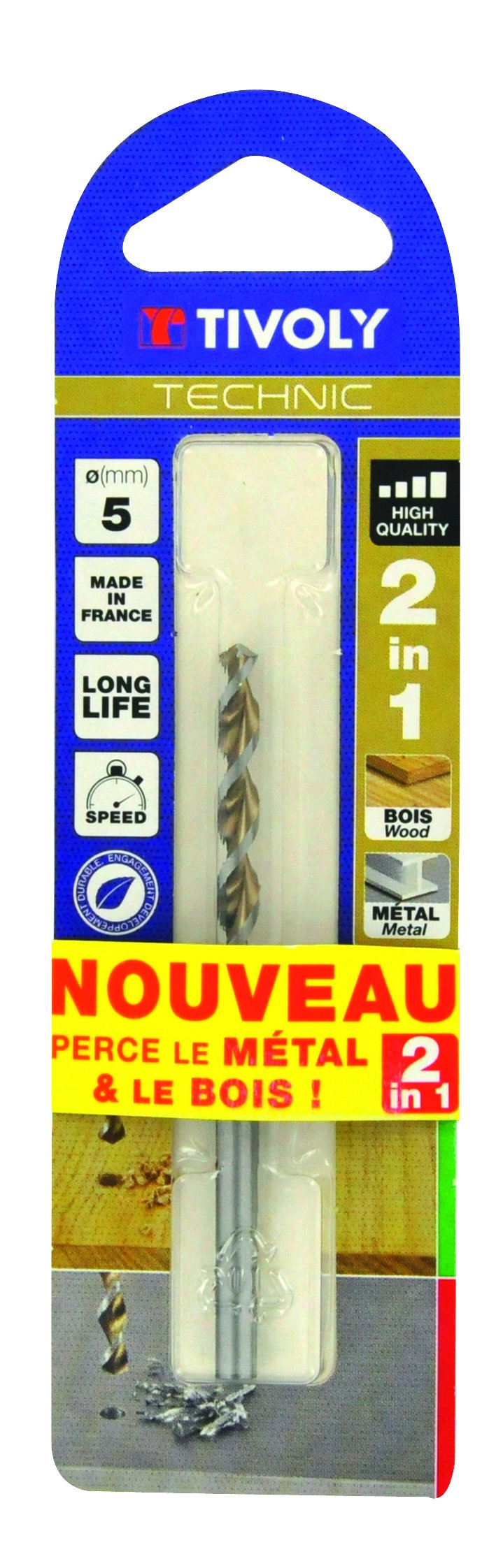 Tivoly 10804420500 Blister Pack of 1 Wood-Metal Drill Bit 2 in 1 Graduated Technic, Grey, Diameter 5 mm