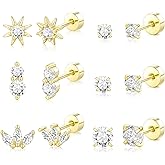 Hypoallergenic Flat Back Earrings for Women: Lightweight 14K Gold Plated Sterling Silver Flatback Stud Earrings Small Tiny Cartilage Helix Lobe Earring Sets for Multiple Piercing