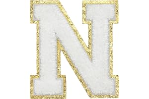 TACVEL 3PCS Chenille Letters Patch, Iron on Large Size Varsity Glitters Letter Patches for Team Costume Decoration, Height 4-1/2In, White Letter N