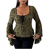SweatyRocks Women's Plus Size Ruched Long Sleeve Mesh Top Floral Bell Sleeve Going Out Shirt