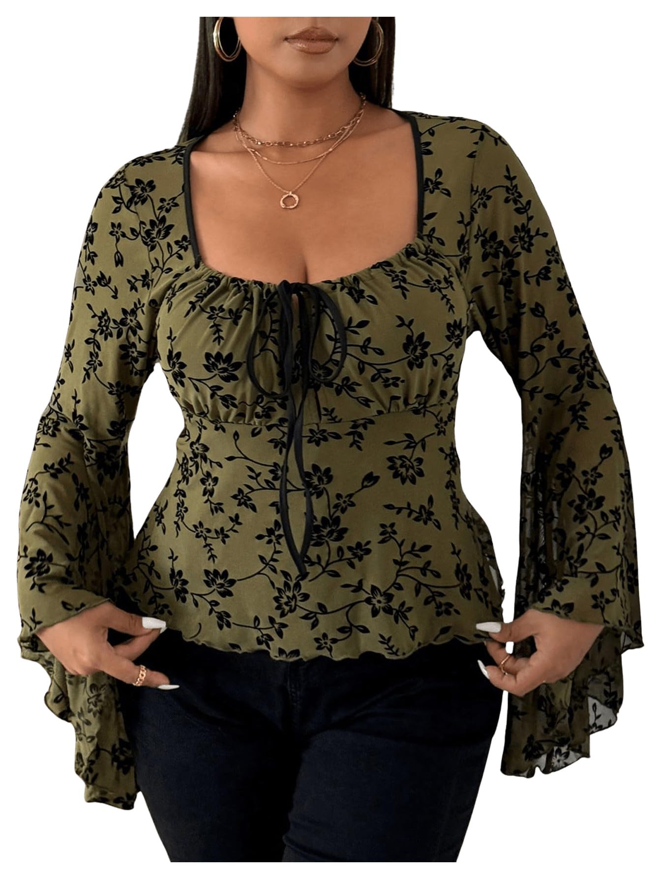 Photo 1 of Sweaty Rocks Women's Plus Size Ruched Long Sleeve Mesh Top Floral Bell Sleeve Going Out Shirt Army Green XX-Large Plus