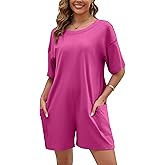 Actcat Women Oversized T-Shirt Shorts Romper Backless V Back Short Sleeve Overall Athletic Workout Jumpsuit with Pockets