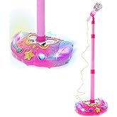 Mozlly Super Star Kids Karaoke Machine with Microphone Stand Playset - Pink Microphone with Stand with Built-in Jack and Speaker for MP3 Player, Singing Toys for Girls and Boys with Music and Light