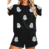 Halloween Sets for Women 2 Pieces Sequin Ghost Shirt and Short Spooky Set | Halloween 2 Piece Outfit Women, Sequin Spooky Season Shirts, Ghost Short Sleeve Shirt and Shorts Set, Fall Loungewear Sets