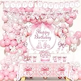 Party Inspo Pink Bow Birthday Decorations, Coquette Birthday Decorations for Girl, Pink Bow Themed Backdrop Balloon Banner Tablecloth Cake Topper for Girls Birthday Party Supplies