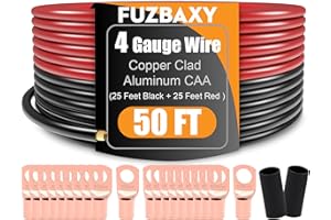 FUZBAXY 4 Gauge Wire (25Feet Black+25Feet Red) Copper Clad Aluminum CCA - Primary Automotive Power Inverter Wire,20PCS Lugs Terminal Connectors,20PCS Heat Shrink Tubing for Car Audio