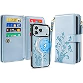 Lacass for iPhone 17 Pro Max Case Wallet,Compatible with MagSafe 2 in 1 Magnetic Detachable PU Leather RFID Blocking Wallet Cover Card Holder Zipper Wrist Strap Lanyard,Floral Sky Blue