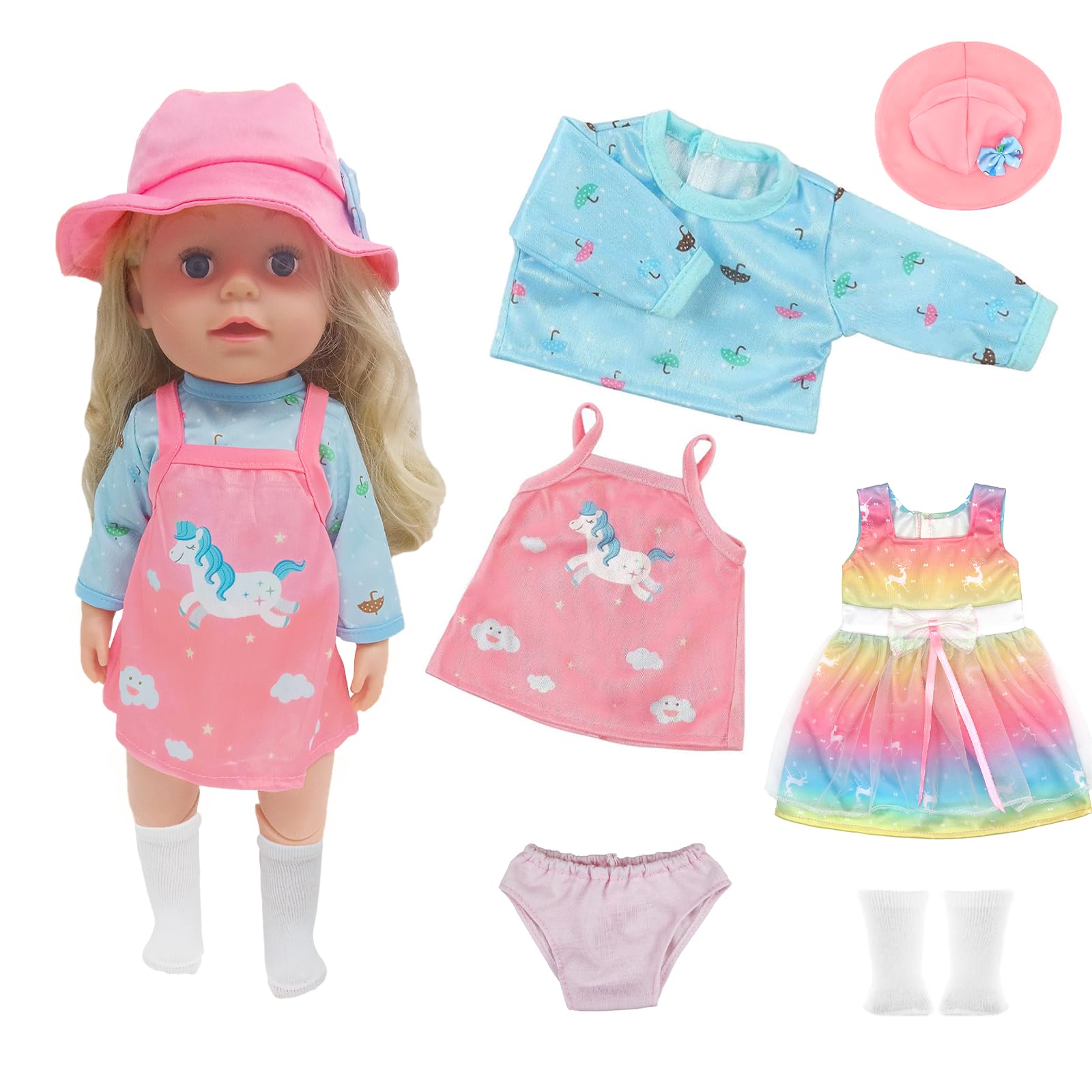 Xerteam Baby Doll Clothes - 6 Pcs New Outfits, Suspender Skirt, Hat, Underpants, Socks, Long Sleeve - 30cm-45cm Sweet Baby Clothes for Girls/Boys