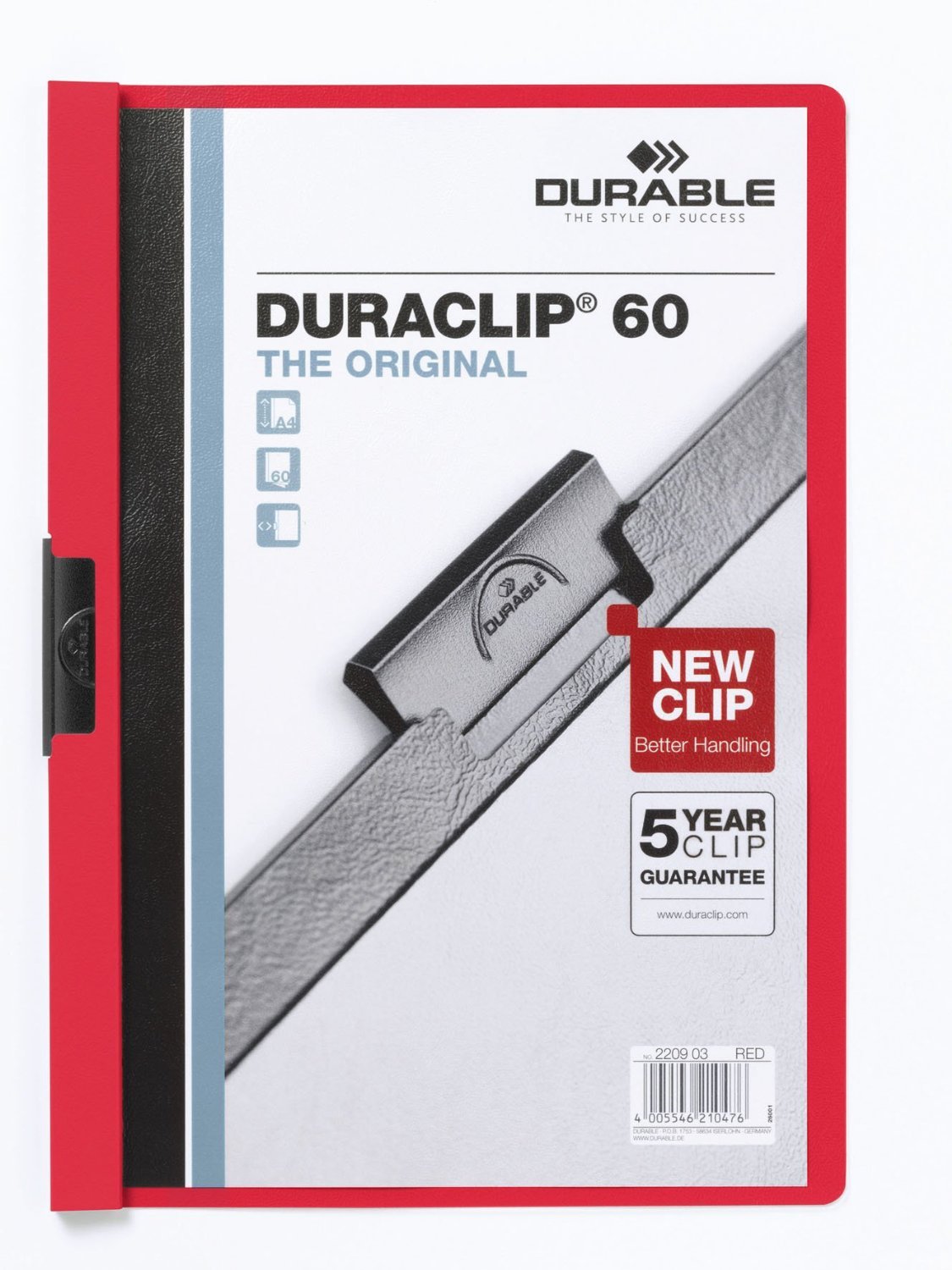 Durable HUNKE & Yoke Clamp Clip Folder® 60, Hard Foil, 60 Pages, Clear/Red