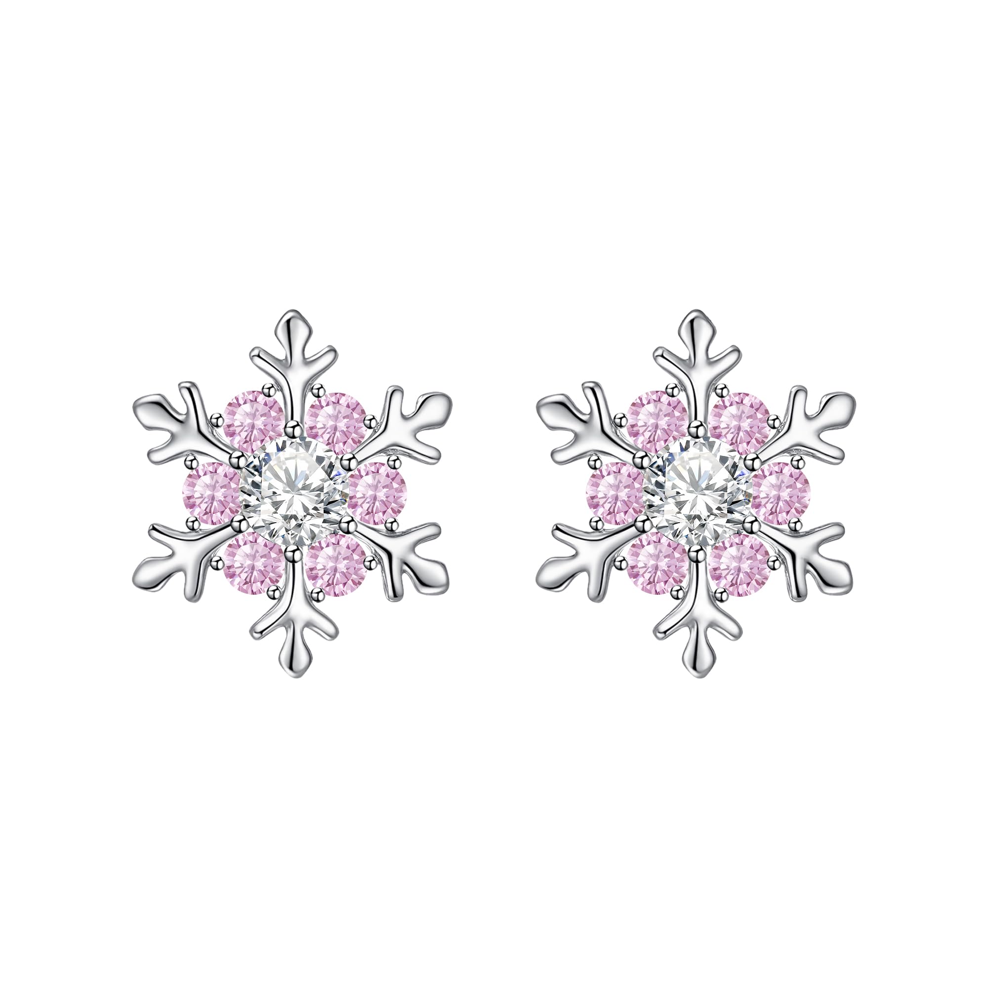 EVER FAITH Snowflake Stud Earrings for Women Girls, 925 Sterling Silver Pink Cubic Zirconia Winter Flower Snowflake Earrings