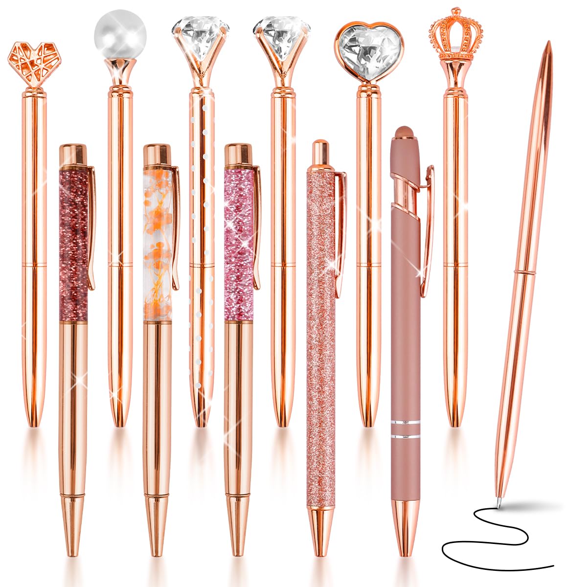 IBEQUEM 12Pcs Rose Gold Metal Crystal Diamond Pen Set With Liquid Sand Glitter Black Ink, Crown Design for Women Girls Teacher School Office Home