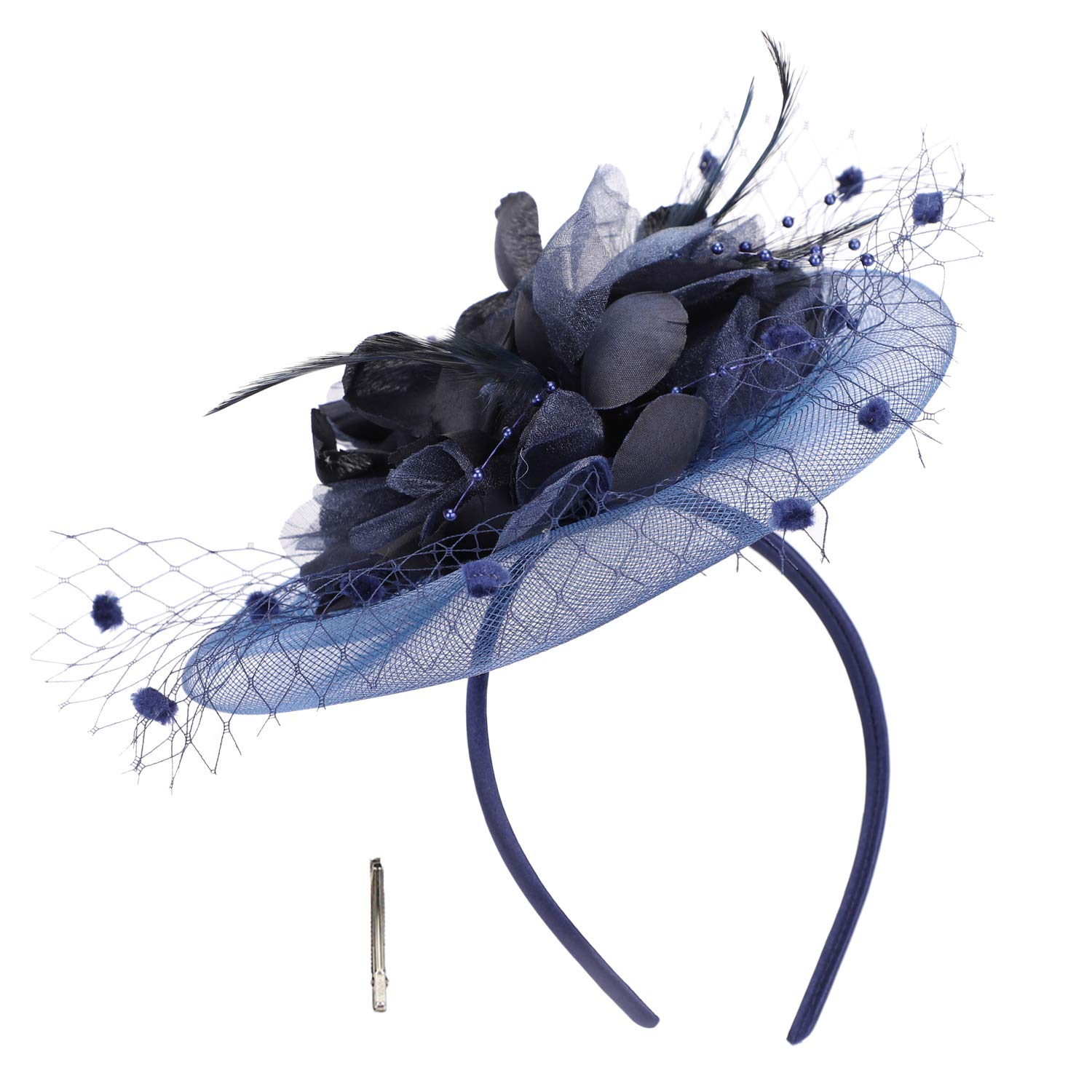 Women Ladies Flower Feather Fascinators Navy Pillbox Hat Bowler Party Hat Bridal Wedding Hair Accessories with Hair Clip Hair Loop Hairpin for Evening Prom Church Burlesque Race Ascot Hats