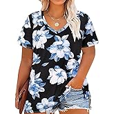 CARCOS Womens Plus Size Tops Basic Summer Shirts Short Sleeve V Neck Tunics Casual T-Shirt Loose Fits XL-5XL