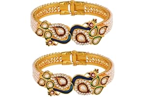 Efulgenz Fashion Jewellery Indian Bollywood 14 K Gold Plated Faux Pearl Kundan Rhinestone Peacock Bracelet Bangle (2 Pc)