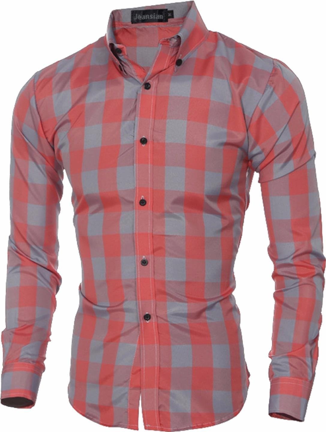 jeansian Men's Fashion Plaid Long Sleeves Dress Shirts Tops 3 84G6 Orange L