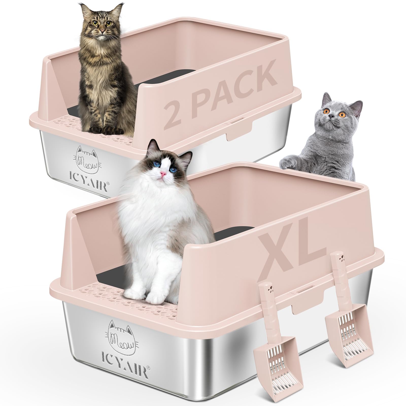 Photo 1 of 2PACK Stainless Steel Cat Litter Box with High Sides Lid, XL Litter Box for Big Multiple Cats, Extra Large Metal Kitty Litter Boxes with Anti-Leakage Enclosure, Non-Stick,Odorless,Scoop Included