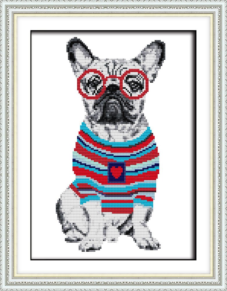 Cross Stitch Kits, French Bulldog Dogs Animals Glasses Awesocrafts Easy Patterns Embroidery Kit Supplies, Counted Options for Adults Beginners (Bulldog, Counted)