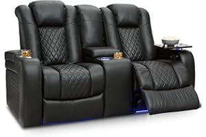 Seatcraft Anthem Home Theater Seating - Italian Leather - Power Recline Loveseat - Center Storage Console - Powered Headrests - Arm Storage - USB Charging - Cup Holders, Black
