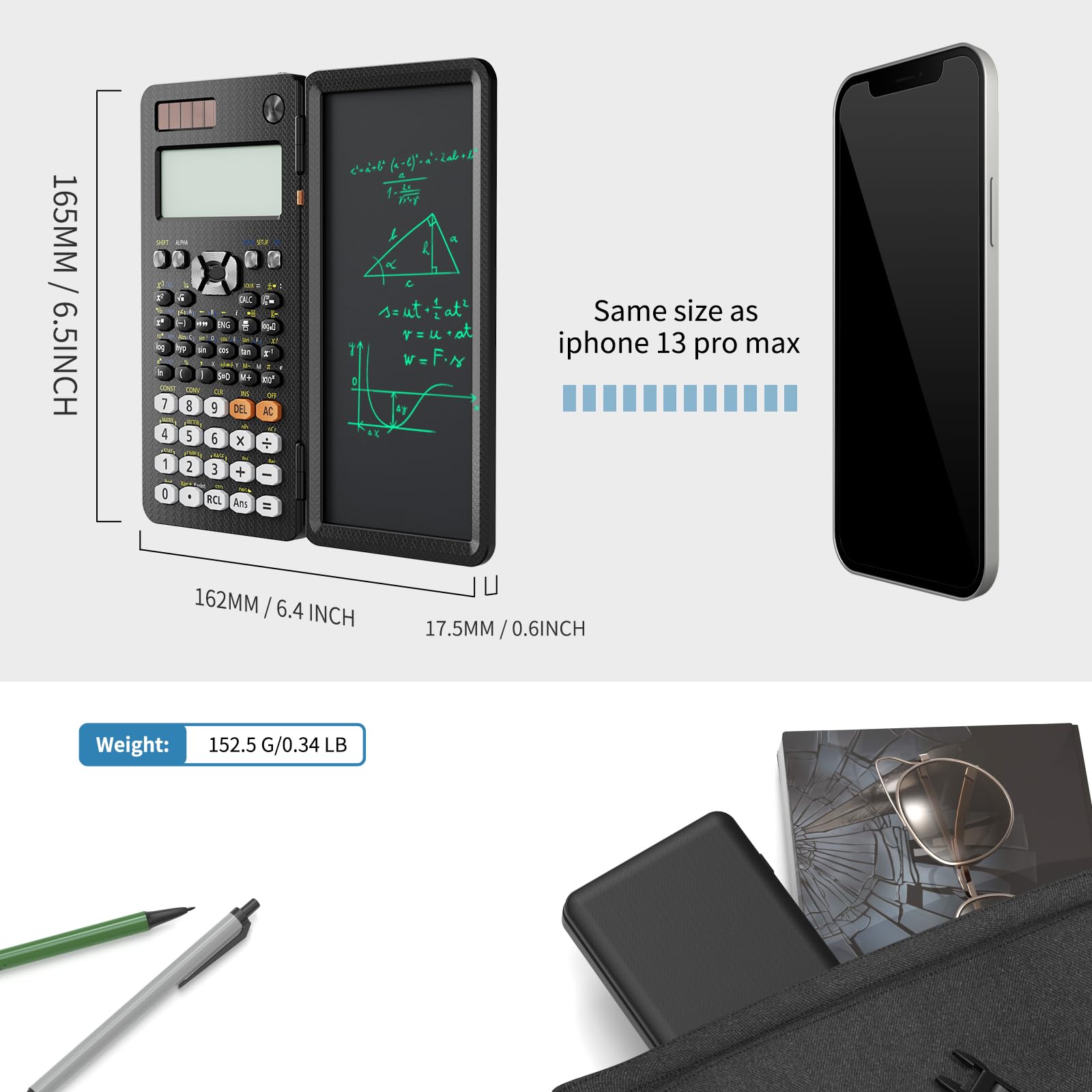 Scientific Calculators for Students 991ES Office Calculators Desktop, ROATEE 4-Line Display Calculator with Erasable LCD Writing Tablet, Solar Battery Power with Notepad Calculator for School