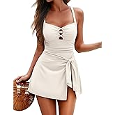Zilcremo Swim Dress for Women Tummy Control One Piece Swimsuit Wrap Swimdress Square Neck Skirted Bathing Suit Swimwear
