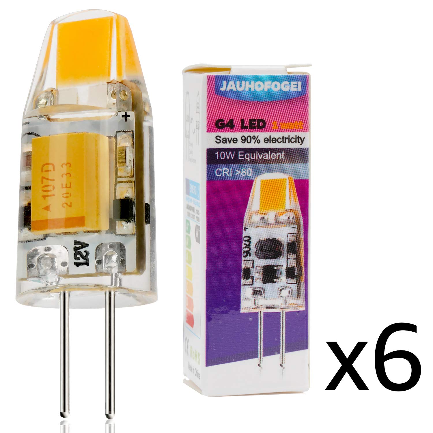 JAUHOFOGEI 6pcs G4 Bi-Pin Base 1W LED Bulbs, 12V AC DC, 10W Glass Halogen Light Bulb Replacement, Warm White 2800K, JC T3 for Under Cabinet Puck Light, Landscape Lighting