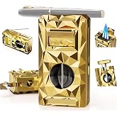 Triple Torch Lighter 5-in-1 with Cutter, Punch, Holder, Draw Enhancer Tool, Windproof Jet Flames, Gifts for Men, Multi-Functional Accessories, Butane Refillable All-in-1 Lighter for Travel, Outdoors