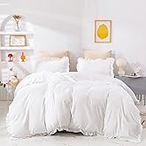 Pureant White Ruffle Comforter Set Queen Boho Lace Bedding Comforter Vintage Farmhouse Comforter Women Girls Solid Color Shabby Chic Bed Quilts Plain White Lightweight Fluffy Ruffled Fringe Bed