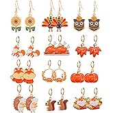 WCRAZYE 24 Pcs Thanksgiving Fall Earrings for Women Cute Pumpkin Sunflower Maple Leaf Candy Corn Squirrel Turkey Autumn Fall Earrings Thanksgiving Autumn Party Jewelry Gifts