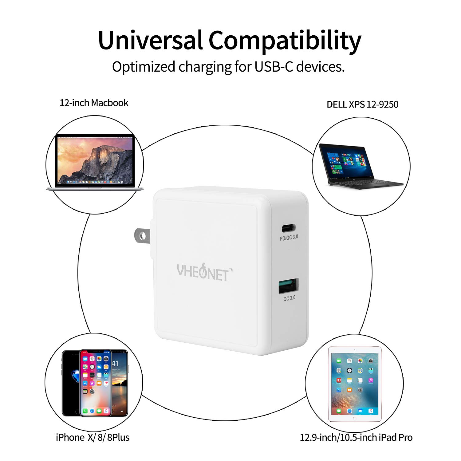 USB C Wall Charger, 2-Port 49.5W PD Charger with Foldable Plug Fast Charging for iPhone X/ 8/8 Plus, Google Pixel/Pixel C, iPad Pro 2017, Macbook A1534, Nintendo Switch and more (White)