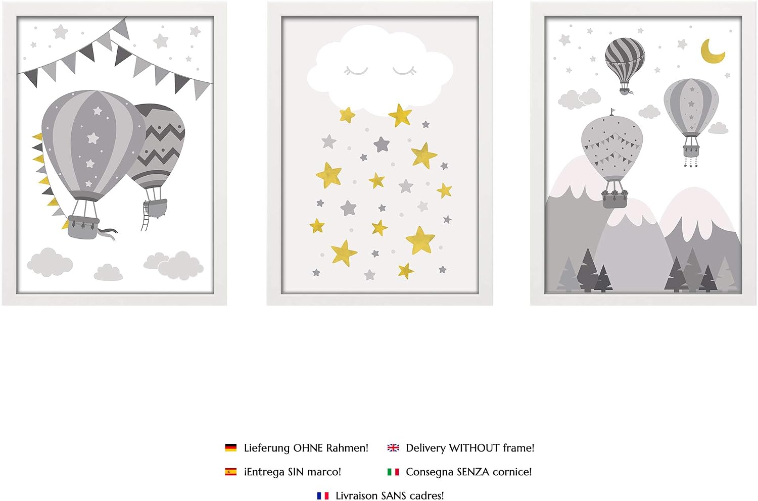 PREMYO Wall Art Prints Nursery Decor - Baby Room Decoration Girl Boy - Kids Poster Set Hot Air Balloon Cloud Picture A4 - Image 3