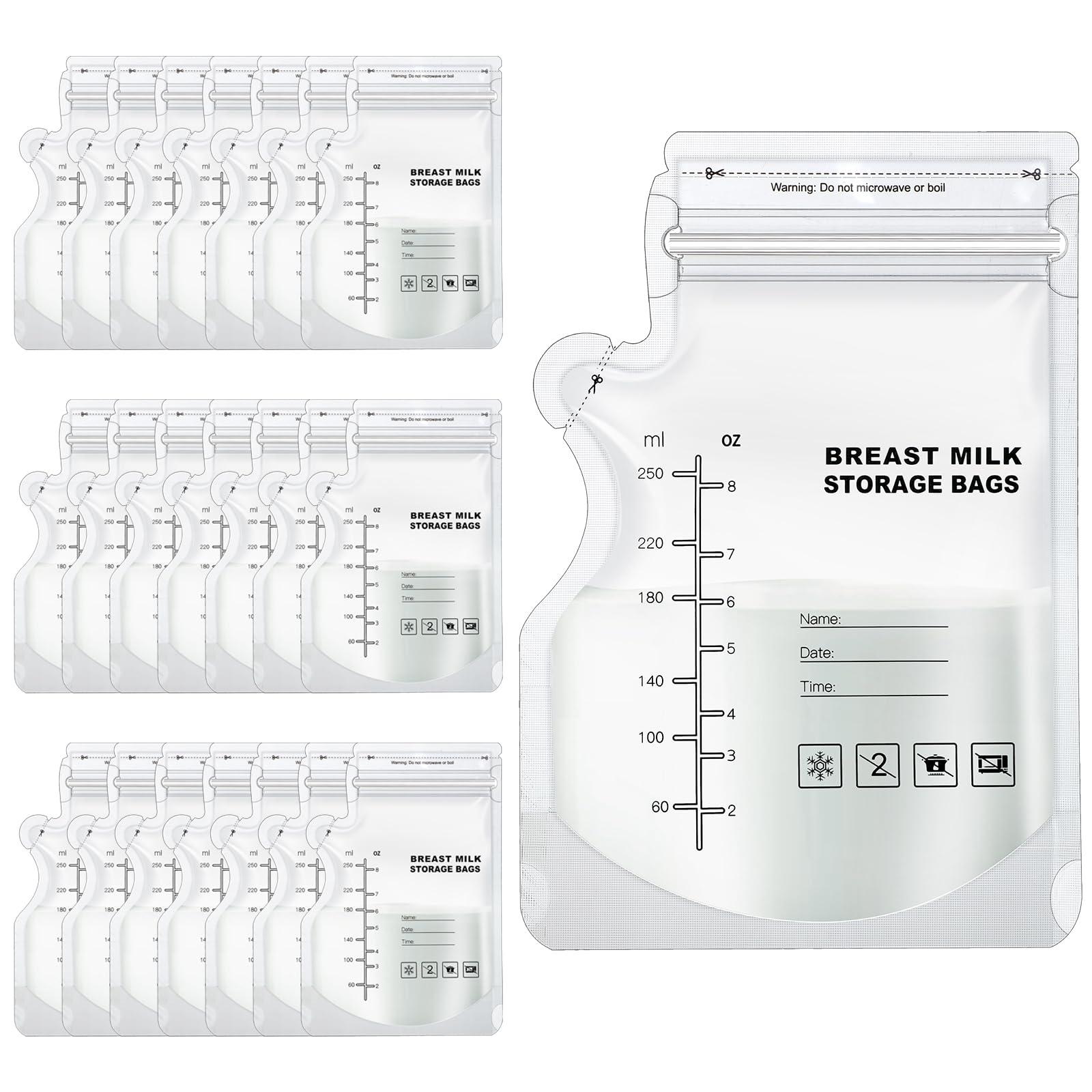 50 Pcs Breast Milk Storage Bags, 250ml Disposable Milk Storage Bags with Pour Spout No-Leak Milk Freezer Storage Pouches for Breastfeeding