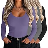 Riyiper 3 Pack Women's Scoop Neck Tops Long Sleeve Slim Fitted Shirts Casual Basic Tunic Fall Trendy Y2k Tight Tees