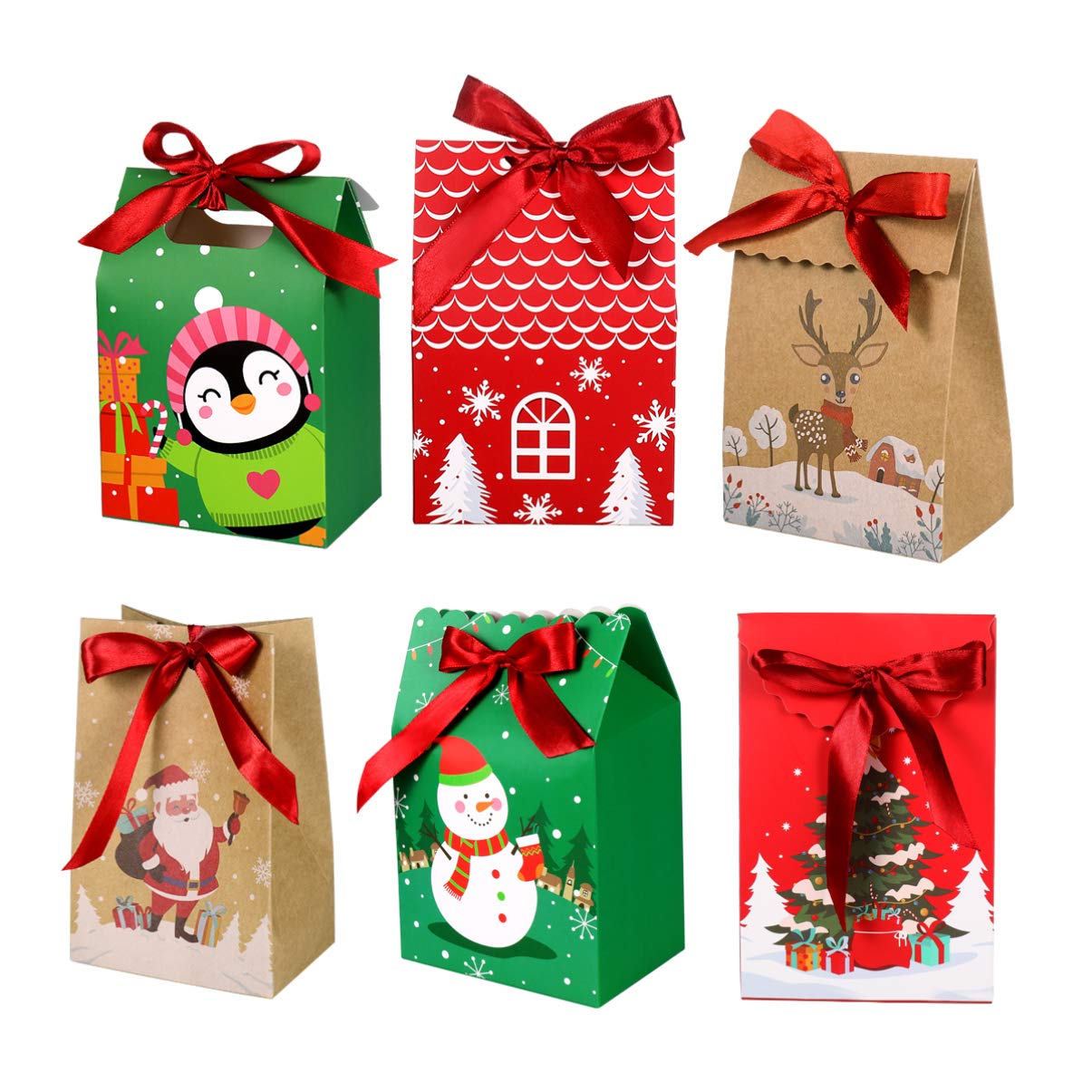 24pcs Christmas Candy Boxes, Christmas Goodies Bags Xmas Paper Boxes with Ribbons for Party Supplies (6 Patterns)
