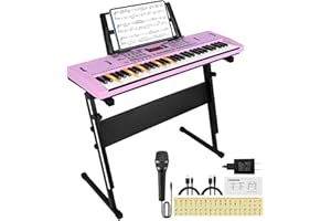 24HOCL Piano Keyboard for Kids Beginner, 61 Key Digital Keyboard Piano Set with Headphone, Microphone, Music Sheet, Power Adapter, Piano Stand, Pink