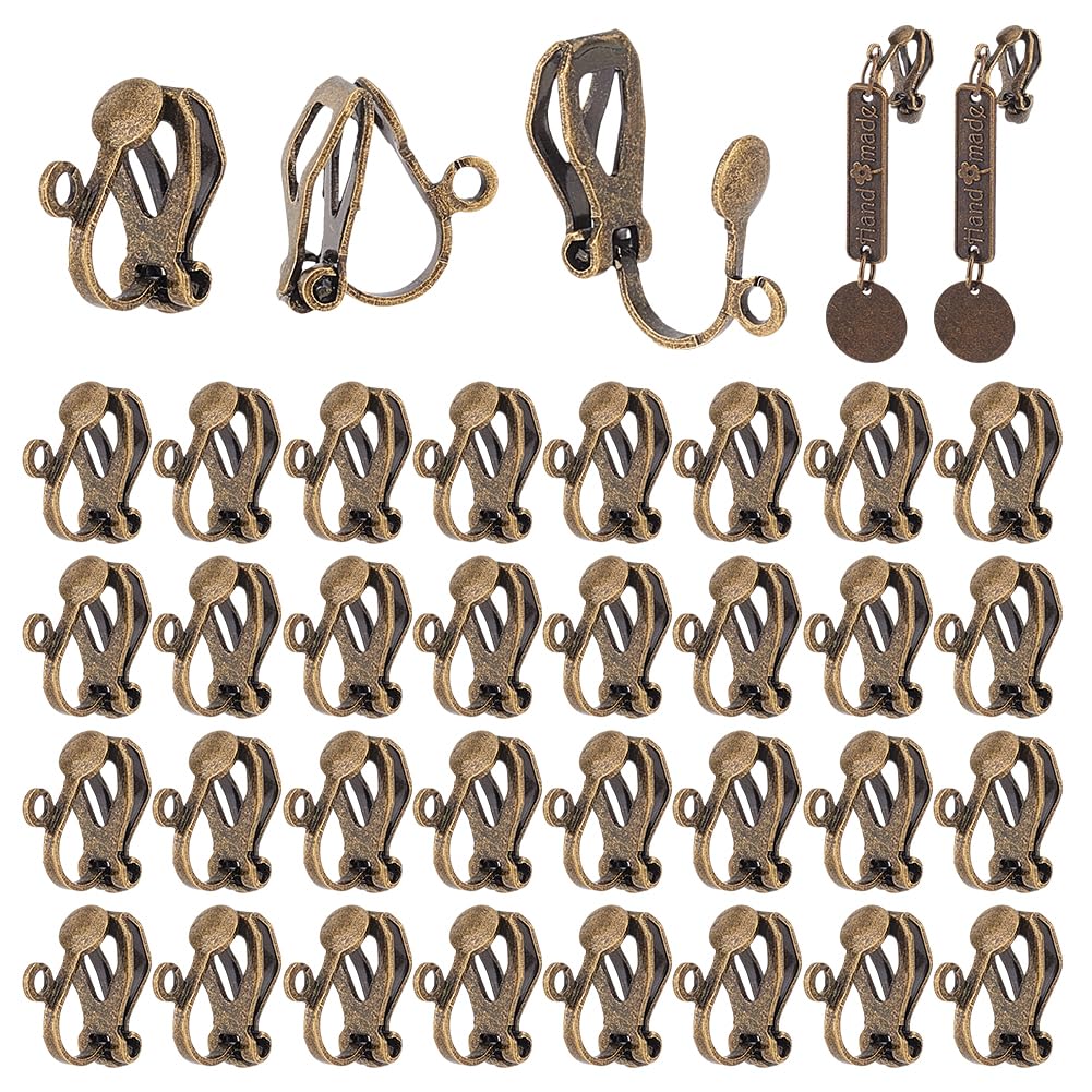 PH PandaHall 100pcs Clip-on Earring Converter, Brass Earring Clips Earring Converters with Easy Open Loop Earring Findings for Non-Pierced Ears DIY Earring Jewelry Crafts Making, Antique Bronze