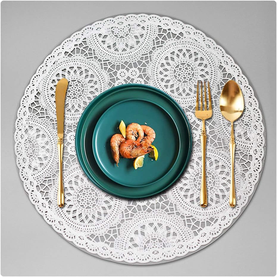 Kreatur Round Waterproof Placemats for Dining Table Set of 6,White Modern Plastic PVC Washable Table Mats Non-Slip Easy to Clean for Home Kitchen Decor