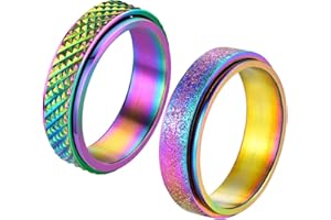 Hothink Anxiety Rings Fidget Rings for Women Spinner Rings for Teen Girls 4Pcs 6MM Rainbow Titanium Steel Rings Size 5-11